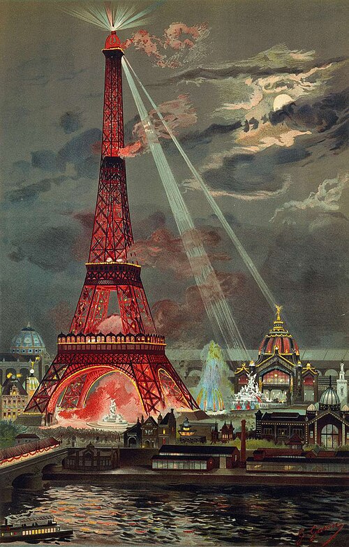 The Eiffel Tower illuminated during the 1889 World's Fair